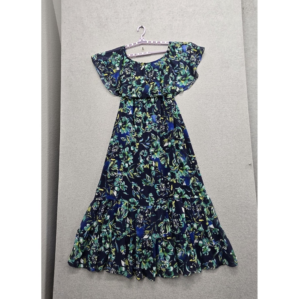 Donna Morgan Women Dress 4 Navy Floral Maxi Milkmaid Chiffon Cottagecore NWT
